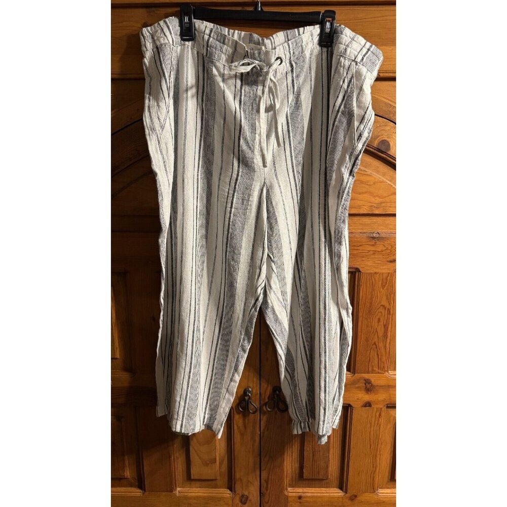Per Se 2X Linen Cropped Pull On Drawstring Stripe Pants Pockets White Black